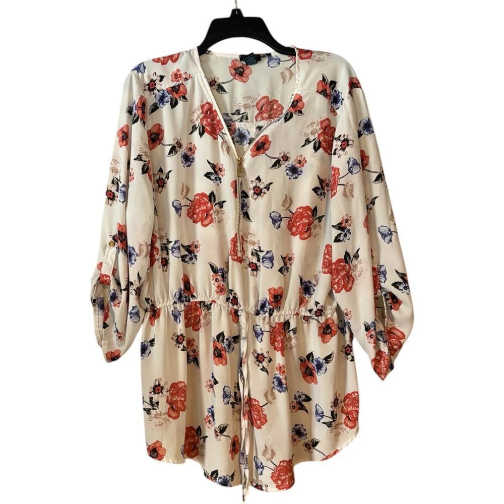 Cream Floral Tie-Waist Blouse - Gold Zip Front, Long Sleeves, Lightweight & Chic